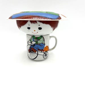 Vintage Boy in Overalls On Bicycle Stacking Bowl Cup and Plate Ceramic Set / Retro Cute Childs Dishes Kids Kitchenware Decor Japan