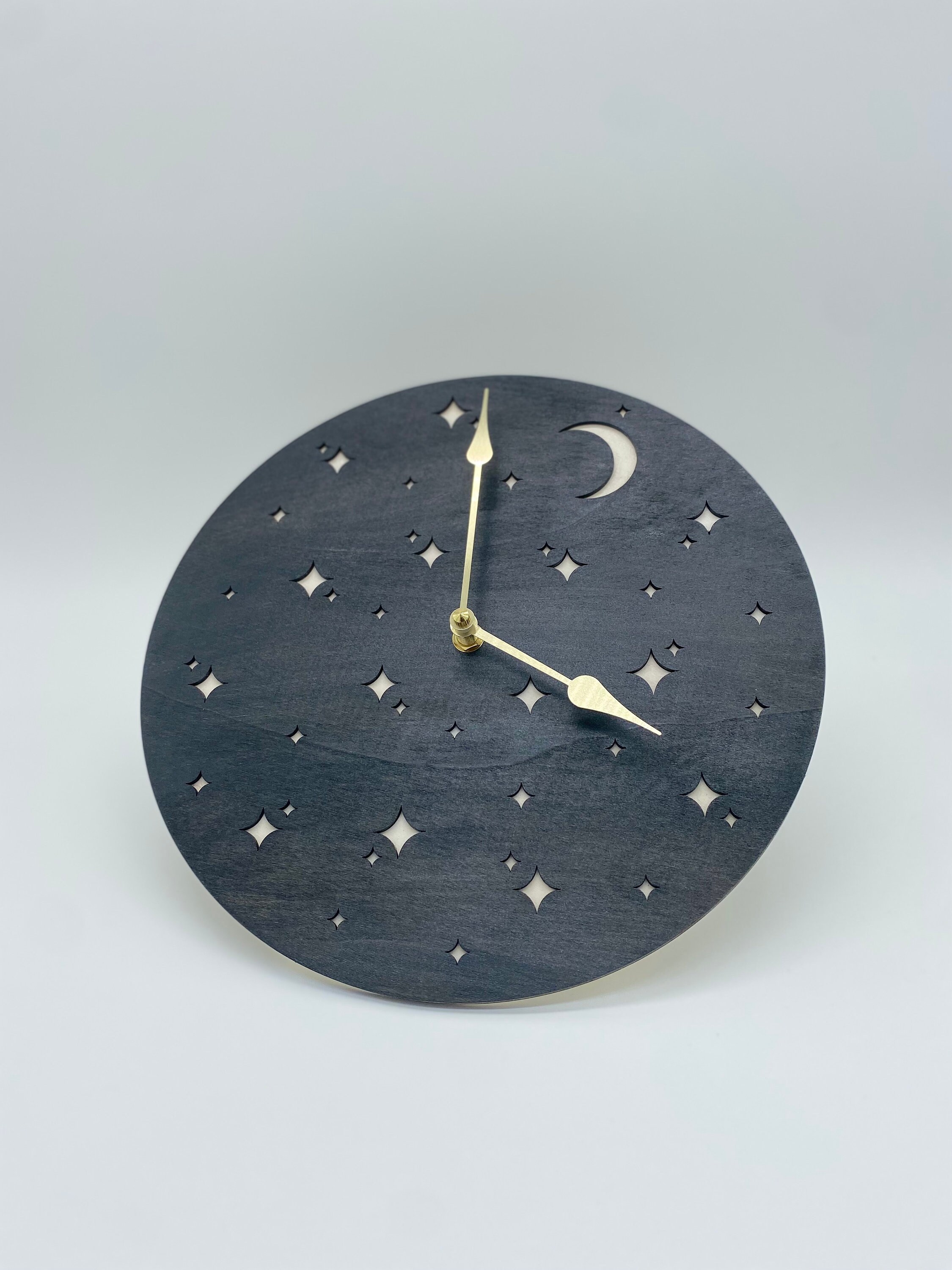 Black Night Sky Celestial Moon and Stars Wood Wall Clock / Galaxy ...