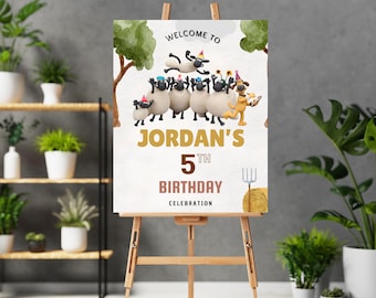 Puede incluir: Bienvenido a la celebración del 5º cumpleaños de Jordan, con un fondo de acuarela con un grupo de ovejas y un perro de la serie animada Shaun el cordero.