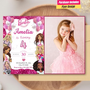 Glitter doll and friends birthday Invitation with photo Pink Doll Evite baby Doll Photo Invitation Fashion Doll Birthday Photo Invitation