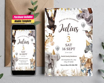 May include: A birthday invitation featuring watercolor illustrations of jungle animals, including a monkey, giraffe, zebra, and elephant. The invitation reads "Join us to celebrate Julius is 3" with the date and time. A mobile template is included.
