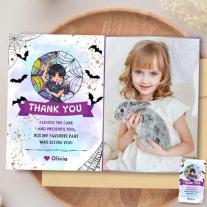 Mittwoch Danke Fotokarte Halloween Foto Gastgeschenke Gothic Dankeschön Label mit Foto Rabe Thema Geschenk Mädchen Addams Dankeschön Karte
