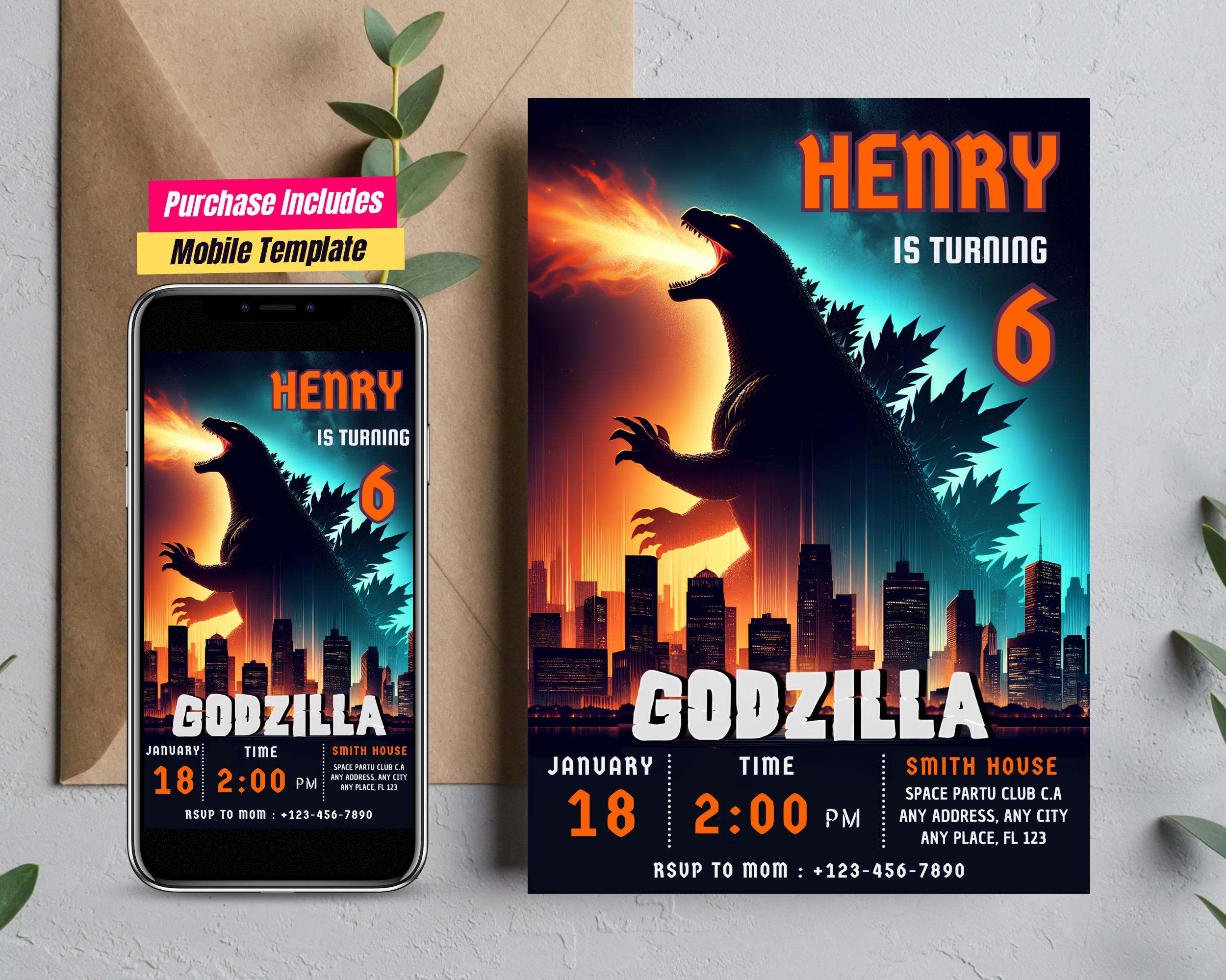 Godzilla Invites Editable Godzilla Invitation With Photo Kaiju Godzilla Boys Birthday ...
