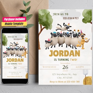 Invitation d'anniversaire pour enfants Shaun le mouton Modèle d'invitation de fête modifiable Carte d'anniversaire inspirée de Shaun le mouton Invitation d'anniversaire sur le thème des animaux