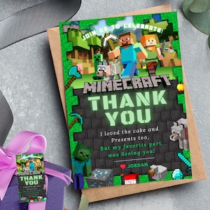 Cartão de agradecimento de aniversário do Minecrafter Minecrafter Canva Evite Gamer Lembrancinhas de festa Tema Minecrafter Etiqueta de festa Cartão de agradecimento para garotas do Minecrafter