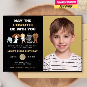 Faire-part d'anniversaire Star Wars avec photo Faire-part de fête Star Wars Faire-part d'anniversaire avec photo « Mai le quatrième être avec vous » Faire-part d'anniversaire photo Star Wars