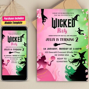 Wicked Geburtstagseinladung Einladungskarte Wicked Geburtstagsparty Einladung WICKED inspiriert Grüne und rosa zauberhafte Geburtstagskarte Wicked Einladung