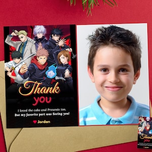 Tarjeta fotográfica de agradecimiento de Demon Slayer, regalo de cumpleaños de Anime Demon Slayer con foto, tarjeta fotográfica de agradecimiento de Manga Demon Slayer, etiqueta de fiesta temática de Anime