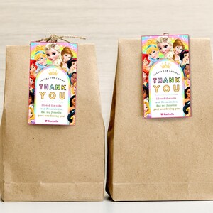 May include: Two brown paper bags with thank you tags featuring a rainbow background and a group of Disney princesses. The text on the tags reads "Thank You" and includes a message about the cake and presents. The tags are signed "Rachael."
