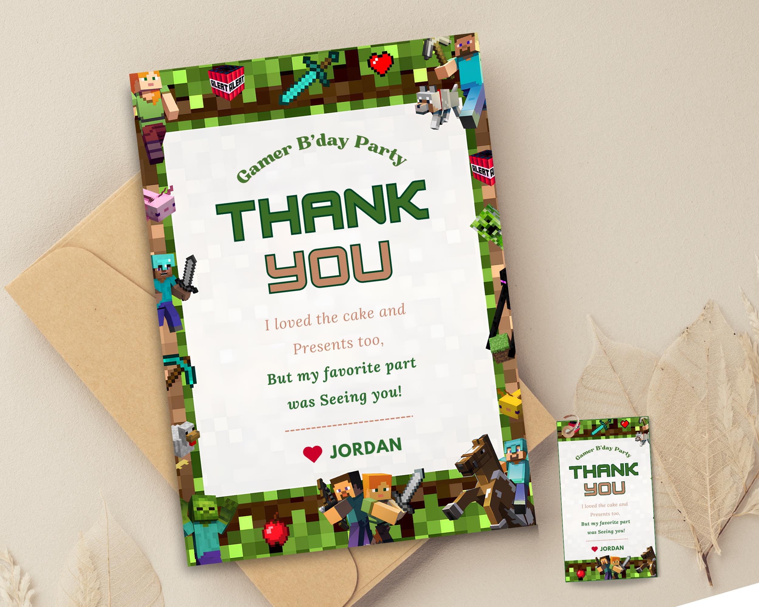 Minecrafter Birthday Thank You Card Minecrafter Canva Evite Gamer Party ...