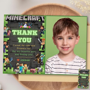 Foto de aniversário do Minecrafter Obrigado Minecrafter Canva Evite Gamer Lembrancinha com foto Tema Minecrafter Festa Minecrafter Meninas Tag de presente