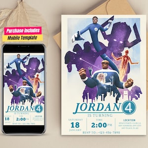 De Fantastic Four-verjaardagsuitnodiging De Fantastic Four-verjaardagsuitnodiging Fantastic 4-uitnodiging Fantastic 4-verjaardagsuitnodiging eerste stap kaart