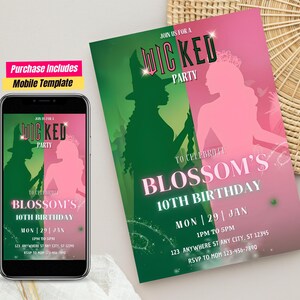 Wicked Geburtstagseinladung Einladungskarte Wicked Geburtstagsparty Einladung WICKED inspiriert Grüne und rosa zauberhafte Geburtstagskarte Wicked Einladung