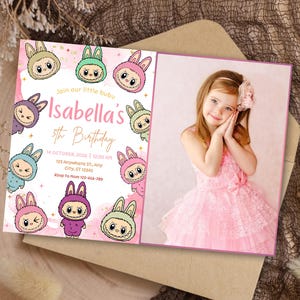 May include: A pink birthday invitation with the text "Isabella's 5th Birthday" and a photo of a young girl in a pink dress. The invitation features cartoon bunny characters and event details.