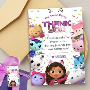 Tarjeta de agradecimiento de la casa de muñecas de Gabby Etiqueta de regalo de fiesta de Gabby Plantilla Pandy Etiqueta de regalo de fiesta de muñecas Tarjeta de agradecimiento de la casa de muñecas de Gabby Etiqueta de agradecimiento de Gabby