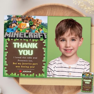 Tarjeta con foto de agradecimiento de cumpleaños de Minecrafter Etiqueta para bolsa de regalos de Minecrafter Fiesta de jugador Regalo de devolución con temática de Minecrafter Regalo de agradecimiento de Minecrafter