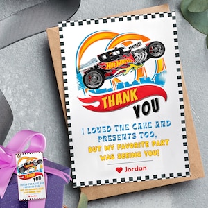 Tarjeta de agradecimiento editable para fiesta de cumpleaños de Hot Cars, tarjeta de agradecimiento de Race Cars, etiqueta de agradecimiento de carreras de Hot Cars, recuerdos de fiesta con temática de Hot Racing Car