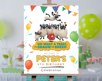 Puede incluir: Un cartel de bienvenida blanco con decoraciones coloridas y personajes de ovejas de dibujos animados del programa Shaun el cordero. El cartel dice "Oh what a treat, it's Shaun the Sheep." y "Welcome to Peter's 4th Birthday Celebration."