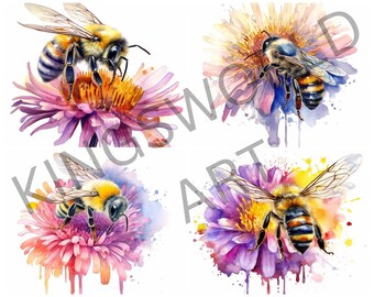 4 Instant Digital Download Wall Art Pictures Honey Bee on flower watercolour Bee printable floral artwork gift spring bee summer bee PNG