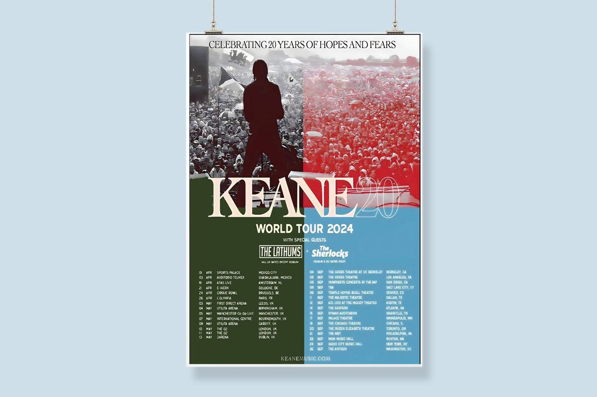 Keane Celebrating 20 Years Of Hopes & Fears 2024 World Tour Poster sold