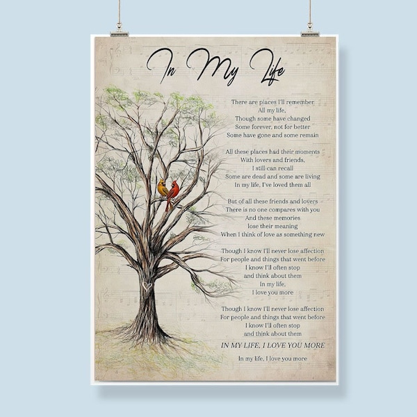In My Life The Beatles Vertical Poster, Tree And Cardinal Bird Wall Art, Song Lyrics Art Print