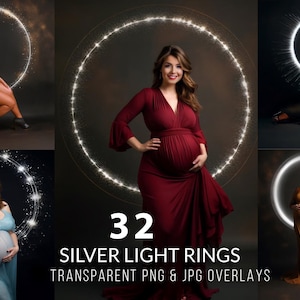 May include: A composite image featuring five women posing in front of silver light rings. The women are wearing various gowns and outfits. Text at the bottom reads "32 SILVER LIGHT RINGS TRANSPARENT PNG & JPG OVERLAYS."