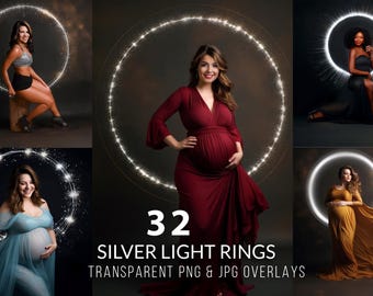 32 Silver Light Ring Overlays | Maternity Photography Overlays | Sparkling Circle Lights | Transparent PNG & JPG Files