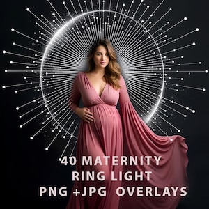 May include: A woman in a flowing, dusty rose maternity dress poses against a black background. The dress has long sleeves and a plunging neckline. A white ring light with radiating lines and text that reads "40 MATERNITY RING LIGHT PNG + JPG OVERLAYS" is behind her.