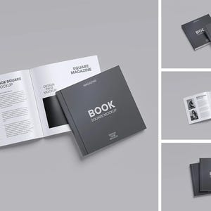 May include: A square book mockup with a dark grey cover, labelled "BOOK SQUARE MOCKUP." The book is open, displaying interior pages with images and text. Additional views show the book closed and in various arrangements.