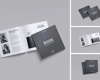 Square Book Mockup PSD: Open & Closed Views, Professional Template (3000x2000 px)