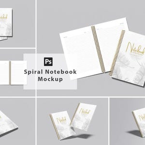 Puede incluir: Maqueta de cuadernos de espiral con cubiertas blancas y encuadernación en espiral dorada. Las cubiertas presentan una fuente dorada que dice "Notebook" y un sutil diseño de hojas. Los cuadernos se muestran abiertos y cerrados, con páginas rayadas.