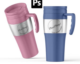 Travel Mug Mockup PSD: Pink & Blue Tumbler, Drinkware Template (Digital File)