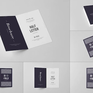 May include: A brochure mock-up in various views. The brochure is bi-fold with the text "HALF LETTER" and "BI-FOLD". The cover is dark blue with the word "Brochure" in white. The brochure is on a white background.
