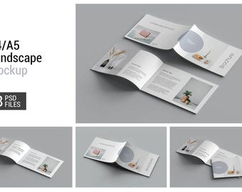 Landscape Brochure Mockup: A4/A5 PSD Templates (8 Files Included)