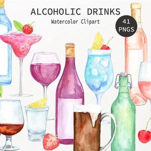 Aquarel alcoholische dranken clipart - cocktail en wijn png's voor digitale download | Graphics barwagen, feestillustraties