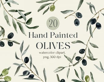 Watercolor Olive Branch Clipart Set: Hand-Painted Mediterranean Design Elements (PNG Digital Download)