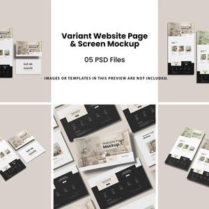 May include: A mockup image displaying website page and screen designs. The image features multiple layouts with a black and white colour scheme. Text includes "Variant Website Page & Screen Mockup" and "05 PSD Files".
