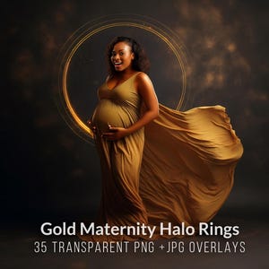 May include: A pregnant person wearing a flowing gold dress, standing in front of a dark background with a golden halo. The image includes the text "Gold Maternity Halo Rings" and "35 TRANSPARENT PNG + JPG OVERLAYS".