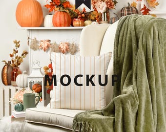 Fall Pillow Mockup: White Chair, Autumn Decor (PSD Digital Download