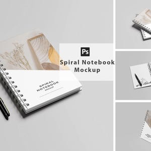 Könnte beinhalten: Ein weißes Spiralnotizbuch-Mockup mit dem Text "Spiral Notebook Mockup" und einem schwarzen Stift. Das Notizbuch hat ein dekoratives Cover mit abstrakter Kunst. Zusätzliche Bilder zeigen das Notizbuch aus verschiedenen Blickwinkeln.
