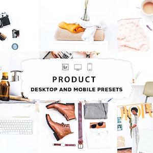 May include: A styled product image featuring a vintage camera, film rolls, and various lifestyle elements. The image includes a neutral color palette with items like a cup of coffee, a notebook, and the text "PRODUCT DESKTOP AND MOBILE PRESETS".