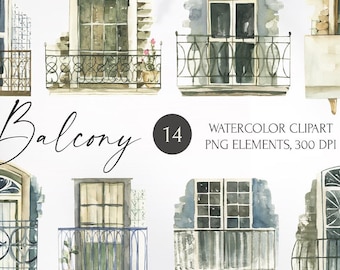 Watercolor Balconies Clipart | Hand Painted Collection | Architecture Illustrations | Building Elements | PNG  | Commercial Use