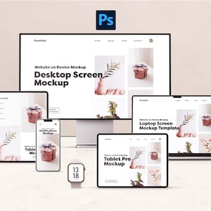 Puede incluir: Maqueta de diseño web que muestra un sitio web en varios dispositivos: ordenador de sobremesa, tabletas, smartphone, reloj inteligente y portátil. El diseño web tiene un estilo minimalista, con imágenes de una caja de regalo y plantas.