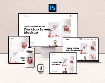 Multi-Device Website Mockup Bundle | Responsive Design Display | Desktop, Laptop, Tablet, Mobile & Smartwatch PSD Templates