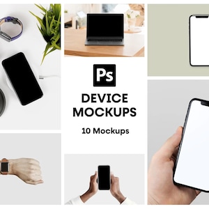 May include: A composite image featuring various device mockups. Includes a laptop, smartphone, and smartwatch. The image also shows a cup of coffee, a plant, and the text "DEVICE MOCKUPS 10 Mockups" in a white box with a black background.
