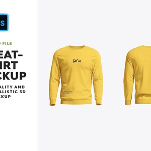 Puede incluir: Una maqueta de sudadera amarilla con el texto "But on" en la parte delantera. La imagen muestra la parte delantera y trasera de la sudadera. El texto de la izquierda dice "SWEAT-SHIRT MOCKUP" y "HIGH-QUALITY AND PHOTOREALISTIC 3D MOCKUP".