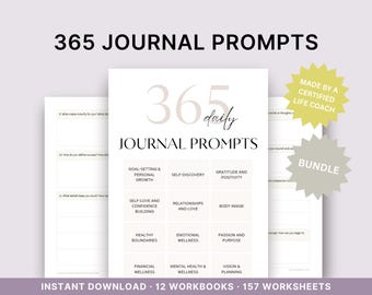 365 Daily Journal Prompts and Self-Discovery Worksheet, Reflective Questions for Mental Health & Personal Growth, Printable Journaling Pages