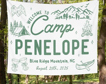 Personalized Camp Bachelorette Party Banner, Custom Camping Bachelorette Tapestry, Forest Bridal Shower Photo Backdrop, Camp Decor
