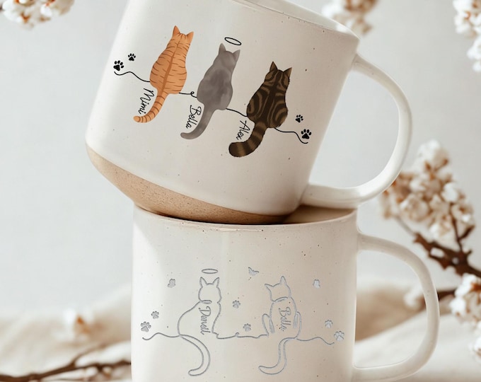 Personalised Cat Pottery Mug, Cat Memorial Gift, Cat Lovers Gift Cute Dog Cat Line Art Gift for Pet Mom/Pet Dad, Custom Cat's Name Mug