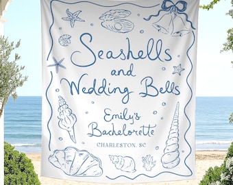 Seashells and Wedding Bells Bachelorette Party Banner Decor, Custom Beach Bachelorette Backdrop, Coastal Bachelorette Party Decor Tapestry